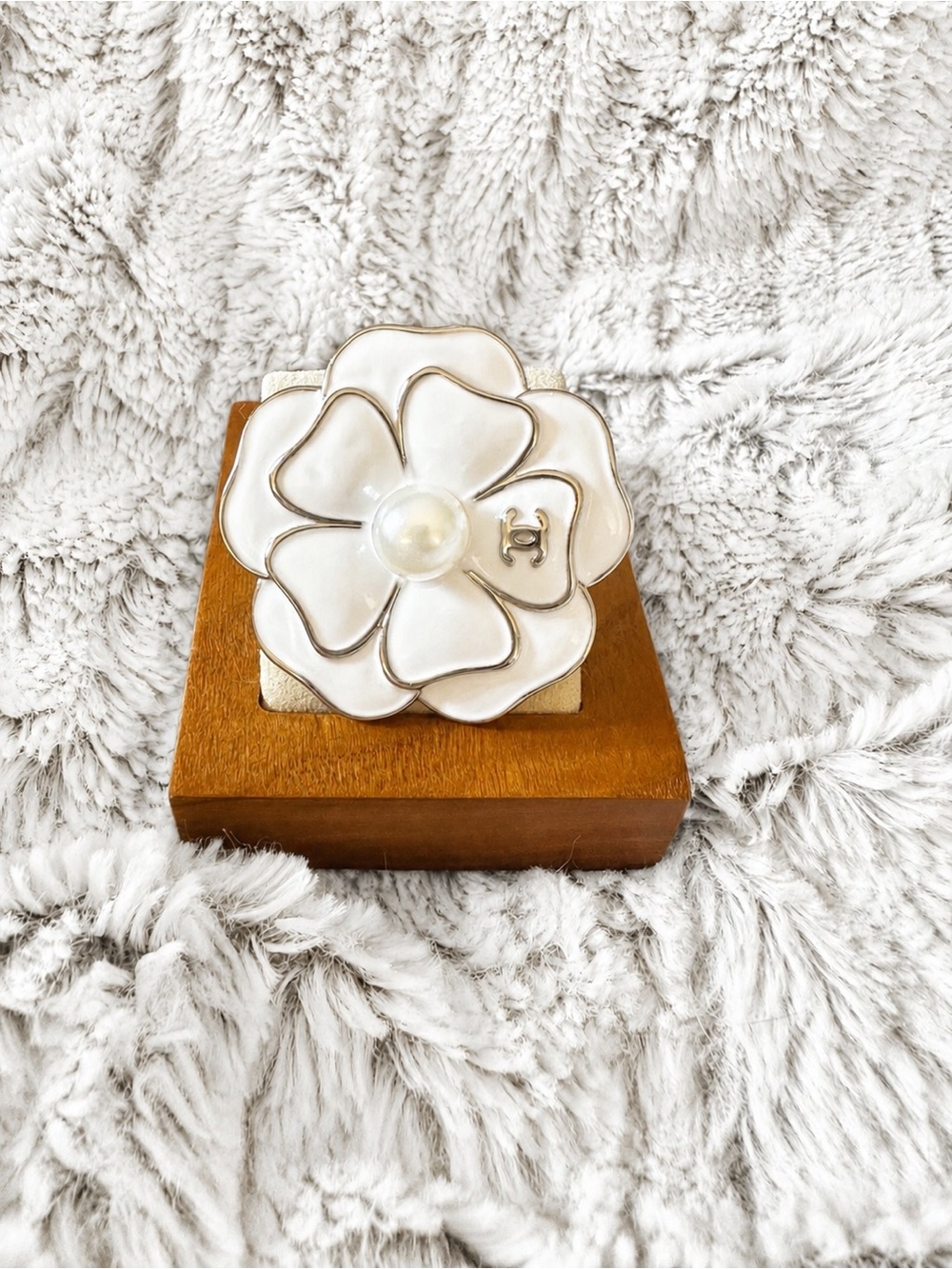 CC White Camellia Brooch with Pearl and Gold Trim